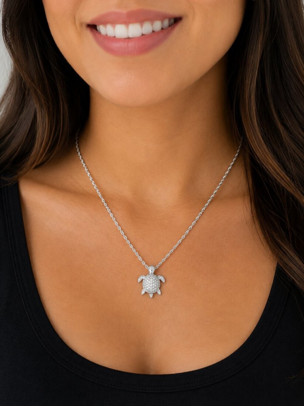 925 Sterling Silver Turtle Charm Necklace, 18” length, head is a hidden bail